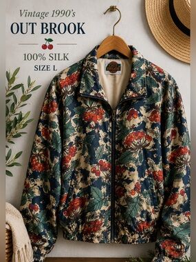 Vintage 1990s Out Brook 100% Silk Cherry Print Zip Jacket Women’s Large L Floral